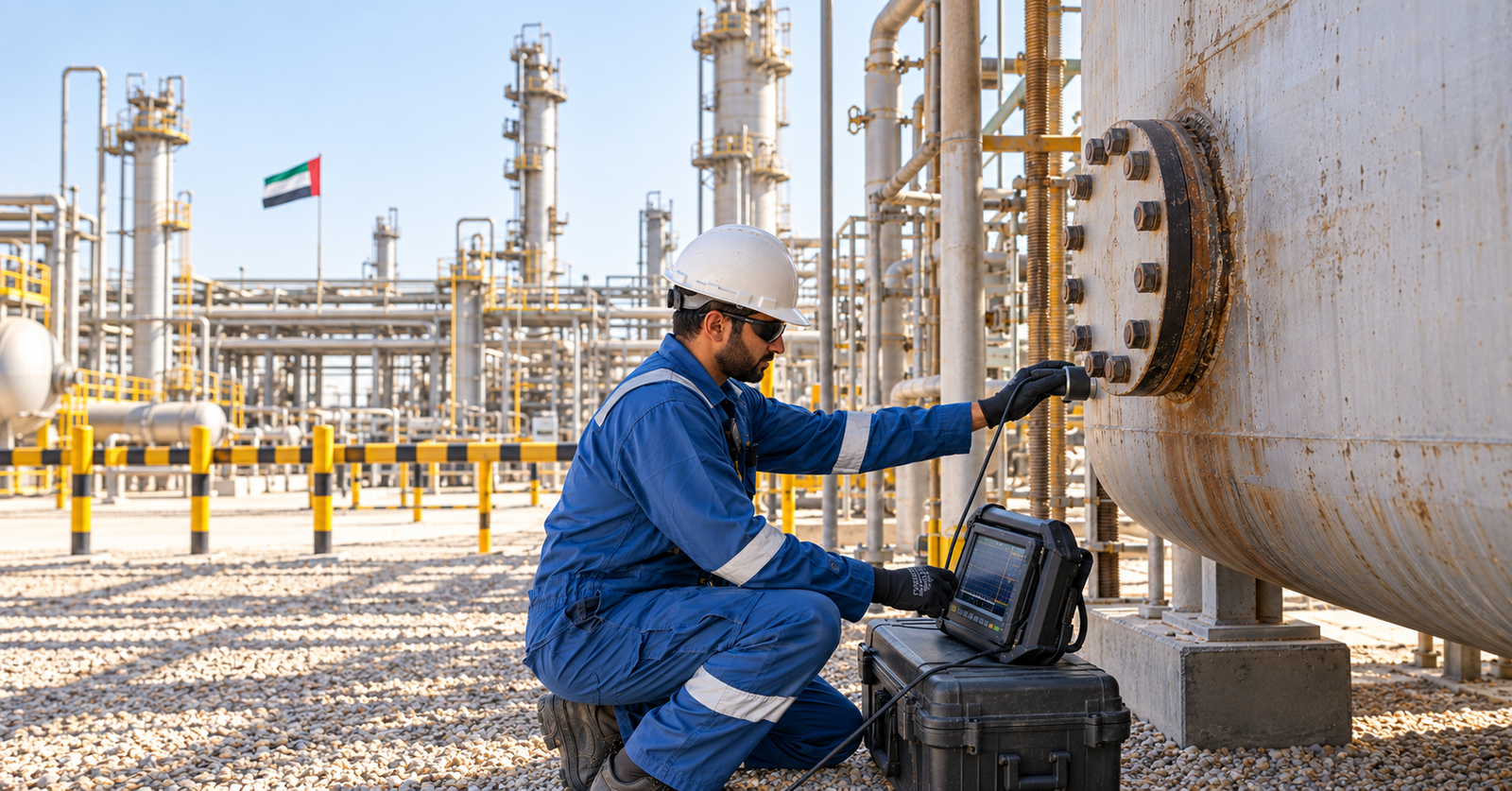 Qualified industrial operator inspecting process equipment at a UAE facility