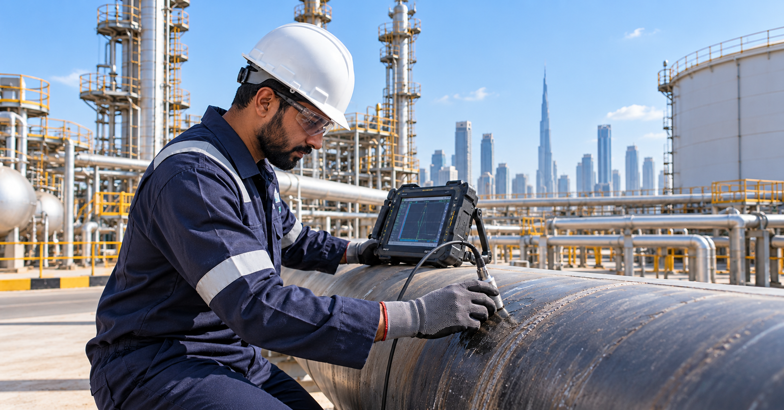 Industrial technician performing ultrasonic testing on a pipeline