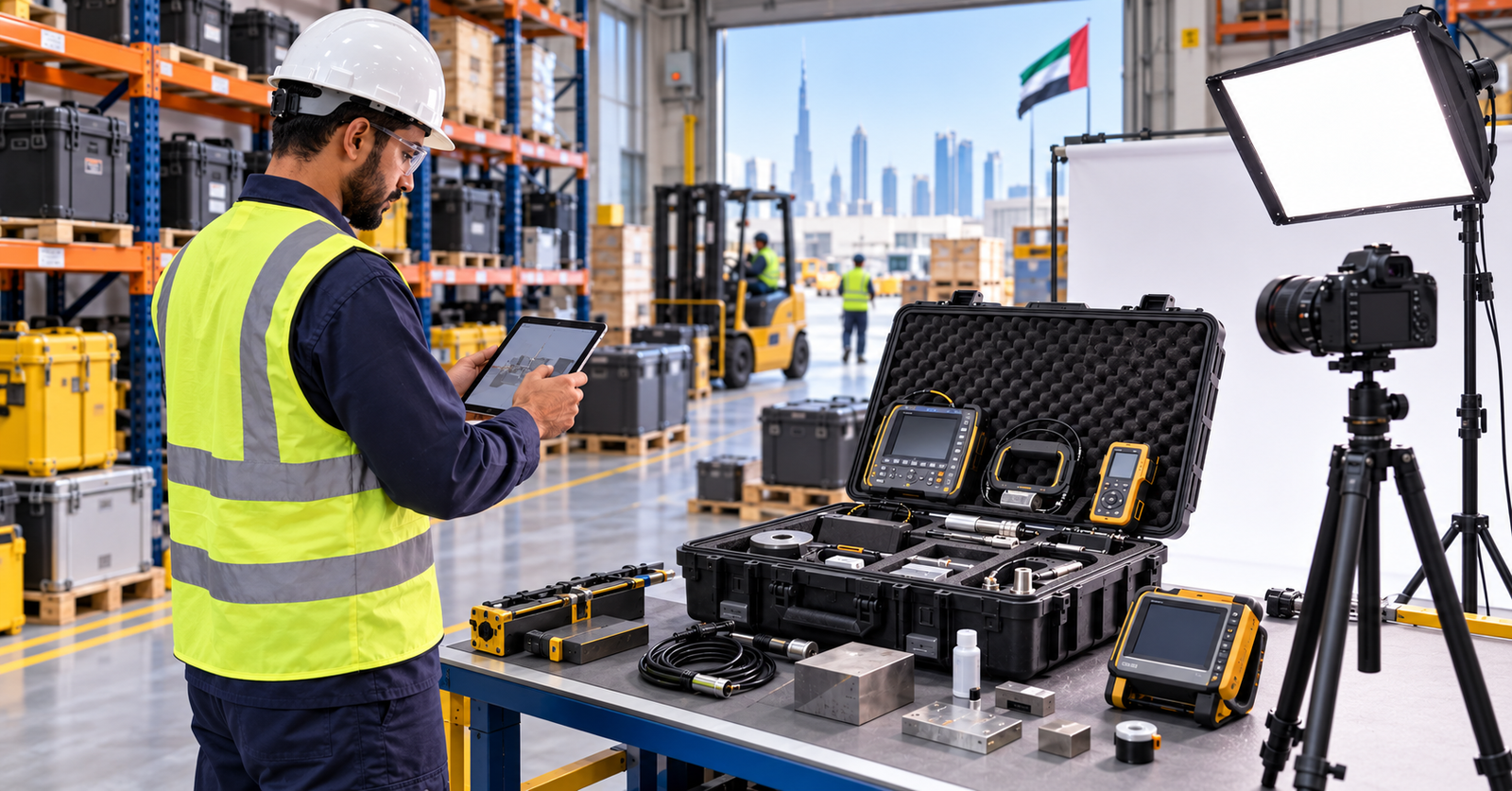 Inspection equipment prepared and documented in a UAE industrial warehouse