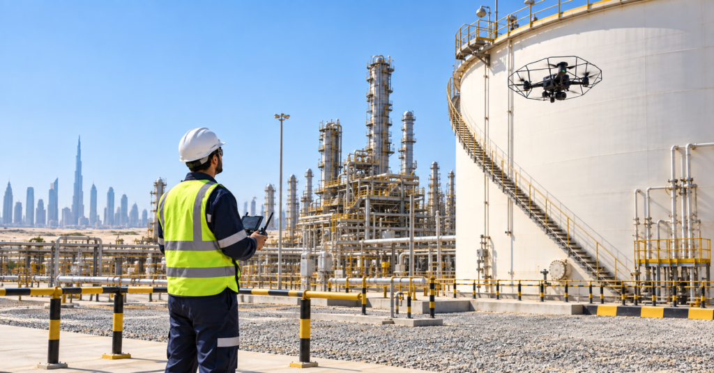 Drone inspecting an industrial storage tank at a UAE facility