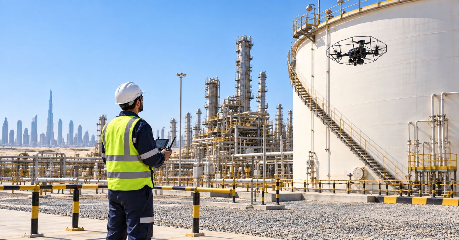 Drone inspecting an industrial storage tank at a UAE facility
